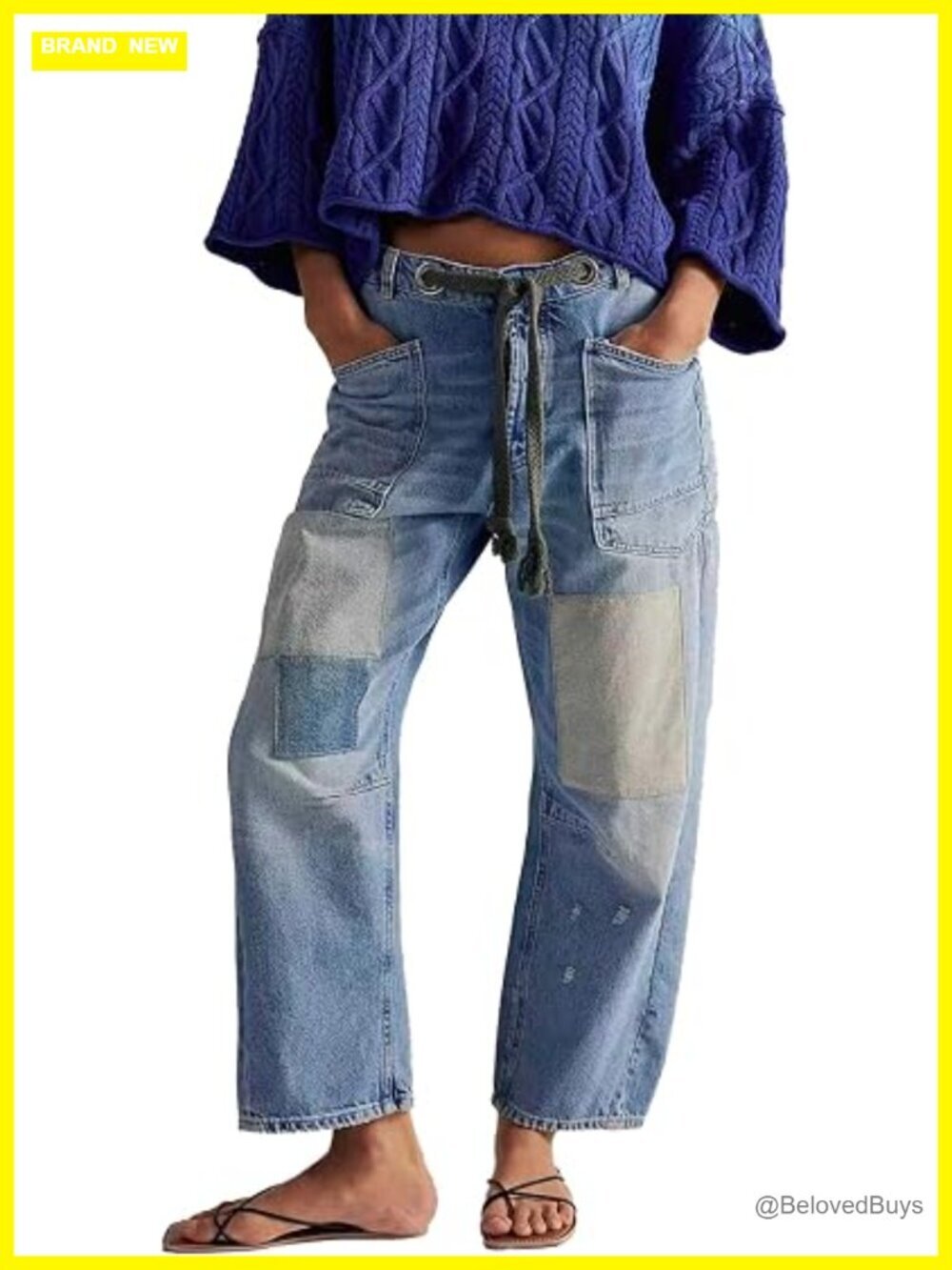 Casual Baggy Distressed Patchwork Denim Pants Drawstring Mid Waist Barrel Loose